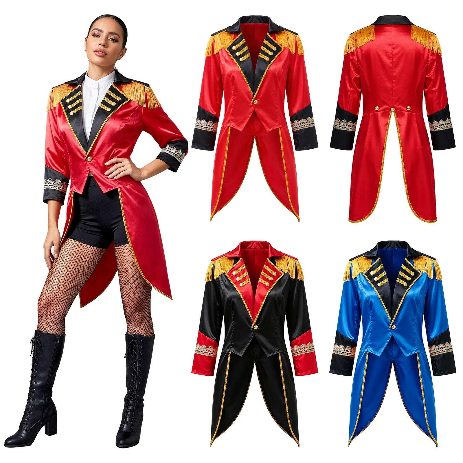 Women Long Sleeve Satin Circus Ringmaster Magician Tailcoat Jacket Coat for Halloween Carnival Theme Party Stage Performance