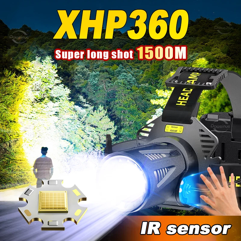 

Brightest XHP360 Led Headlamp Powerful Rechargeable Head Flashlight Headlight Head Torch Zoom 1500m Hunting Fishing Front Lamp