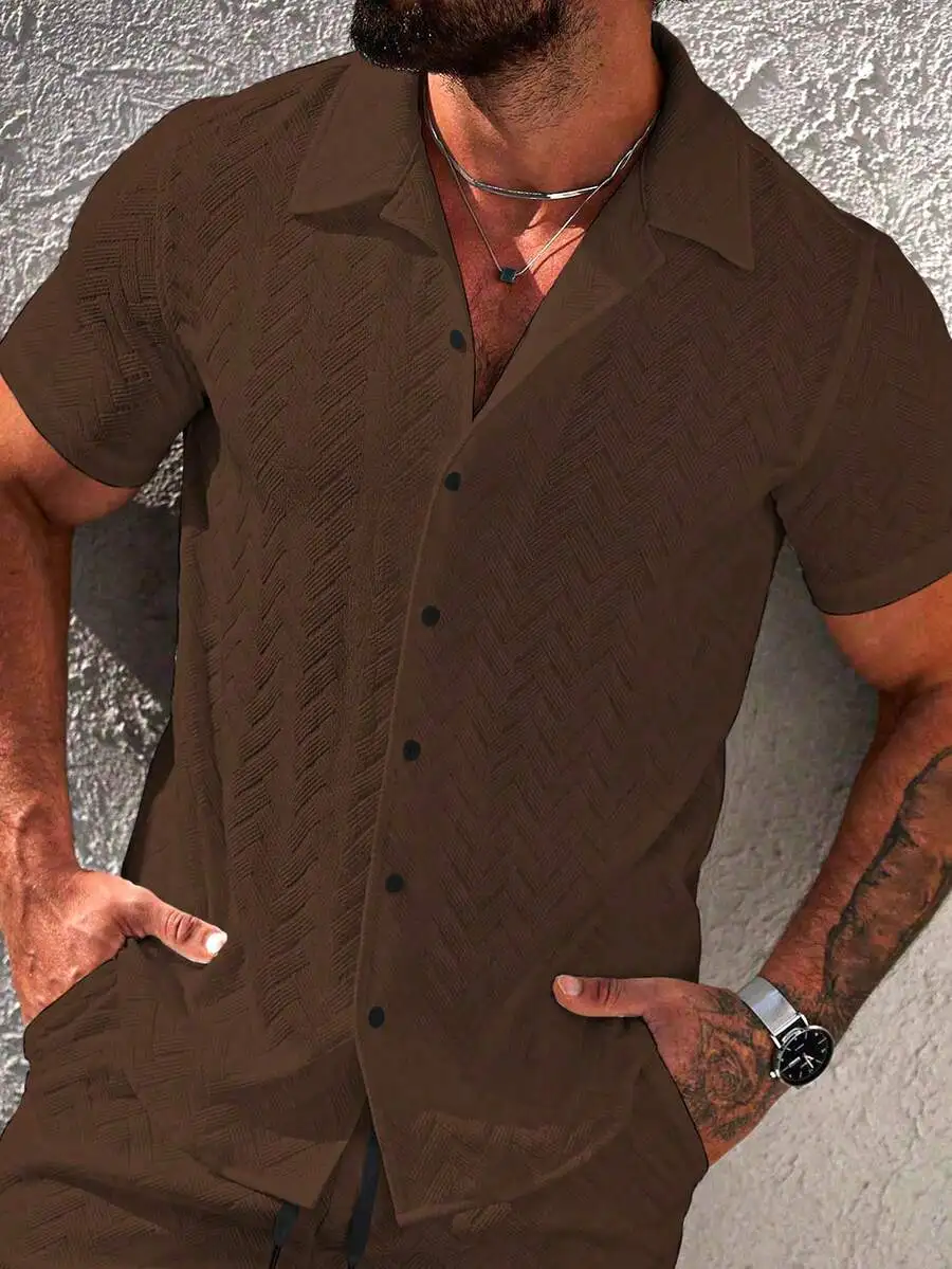 

Mens Brown Solid Color Casual Short Sleeve Button Up Shirt With Turn-Down Collar