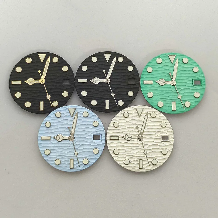 Watch Face Hands for NH35/36/4R/7S Movement Green Luminous Wave Pattern Watch Dial + Watch Hands Accessories