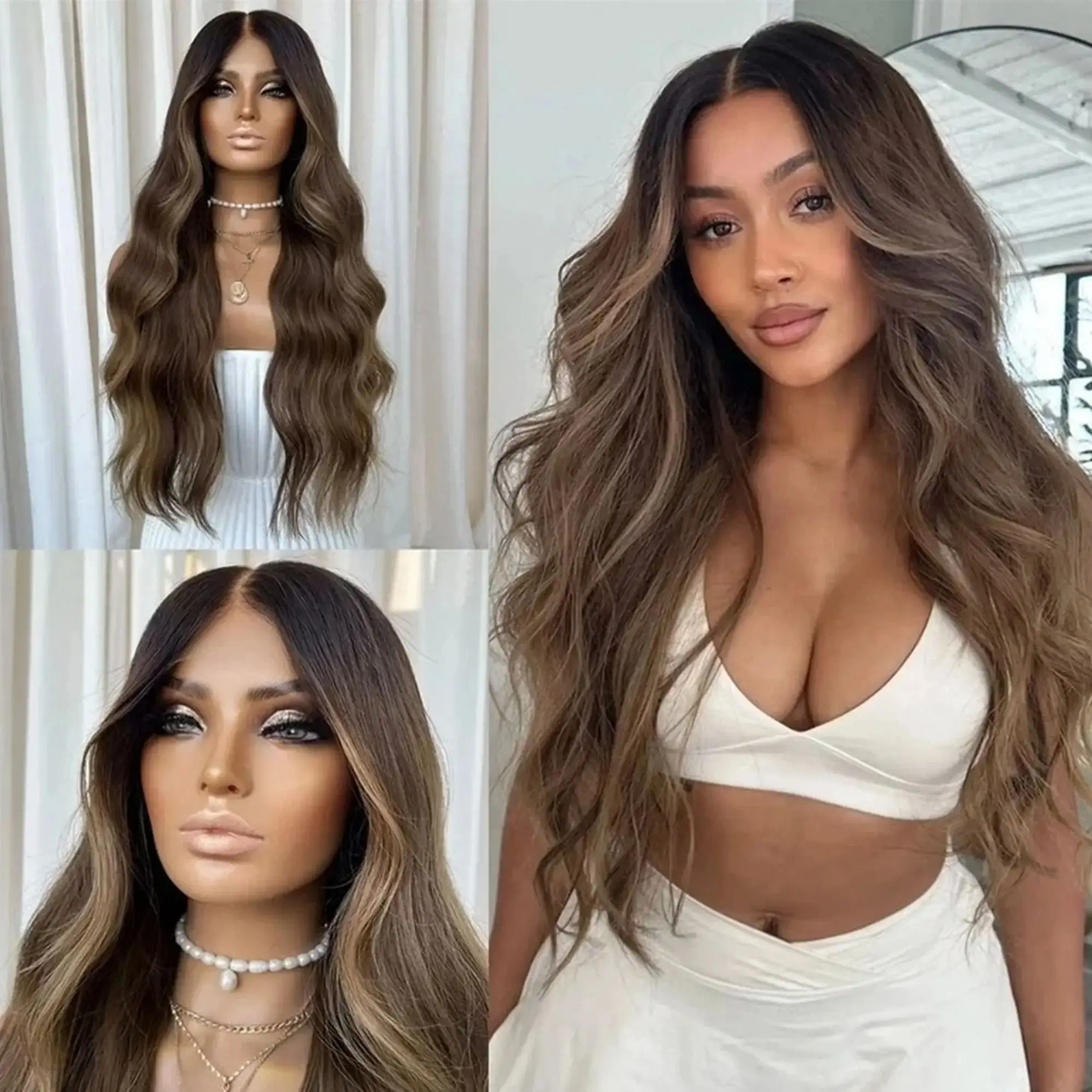 

Dark Brown Brunette Wig Synthetic Lace Front Wig Loose Wave Heat Resistant Fiber Glueless Blonde Highlights Wig for Black Women