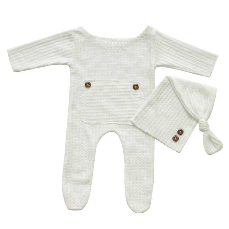 Newborn Boy Photo Props Knitting Clothes Girl Baby Boy Jumpsuit Knot Hat Set Infants Photo Shooting Bodysuit Beanies