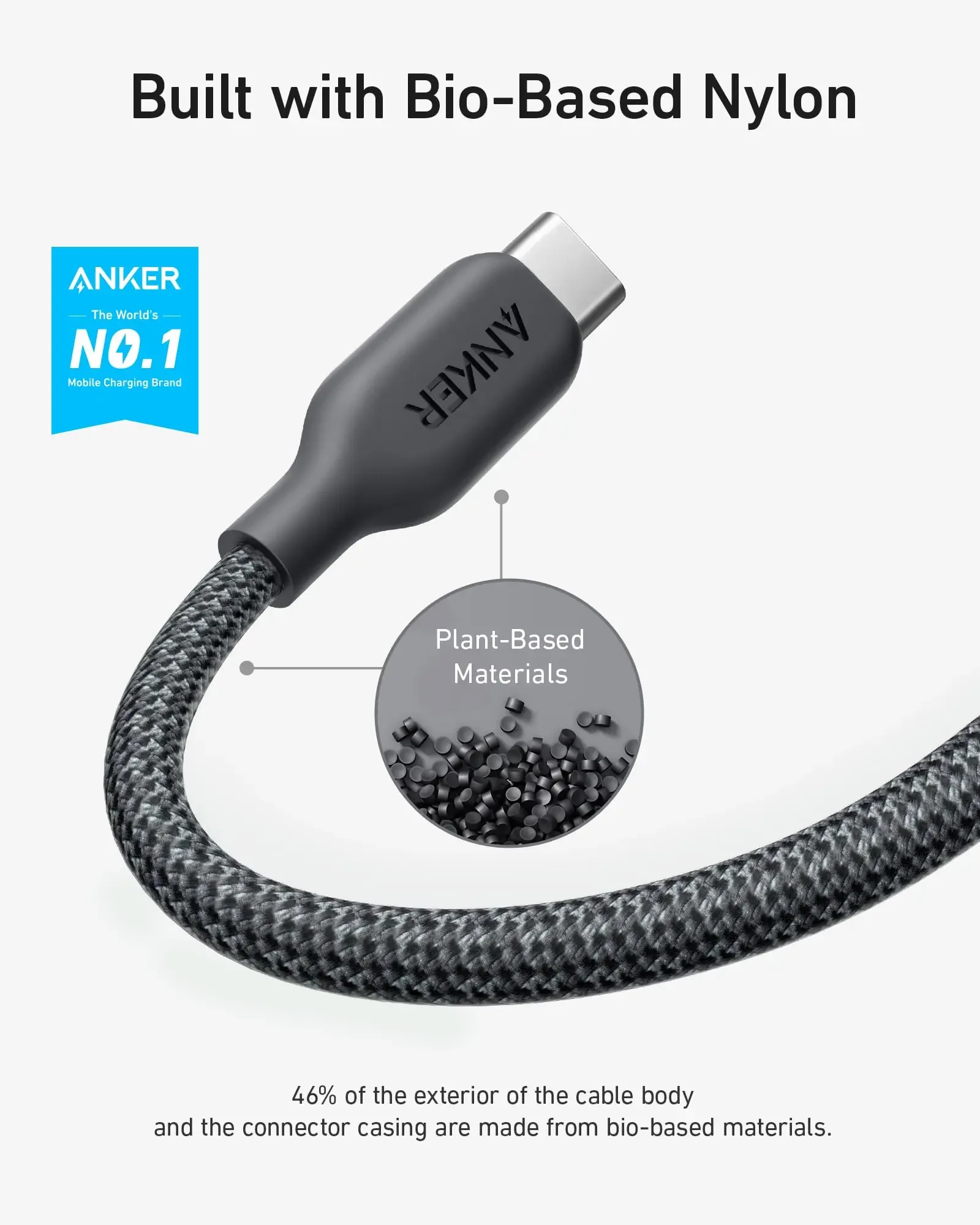 كابل Anker USB C إلى USB C (240 وات، 3 قدم)، كابل شاحن مضفر حيوي، شحن سريع لهاتف iPhone 15/15 Pro، MacBook Pro 2020، iPad Pro