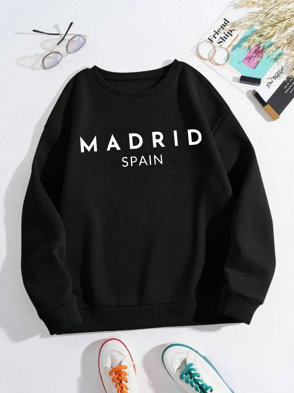 Madrio Spain Letter Print Women Sweatshirts O-Neck Autumn Pullovers Loose Y2K Clothes Fleece All-Match Woman Sportswear