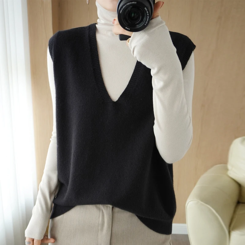 

Loose Women's Woolen Vest New V-ne Knitted Top Svel Versatile Inner And Outer Wear Commute Sle Pure Color