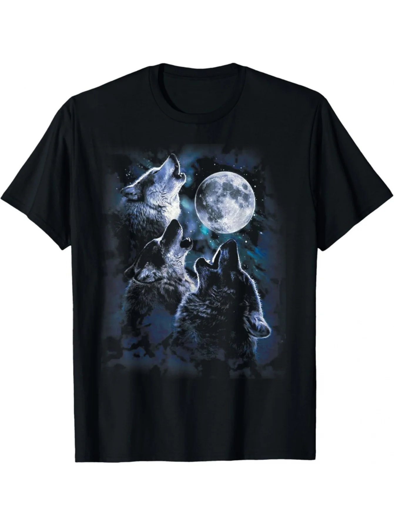 Men's Bohemian Style Wolf Howl Moon Night T-shirt - Daily Wear - Comfortable Wolf Pattern Top for Spring, Summer, and Autumn