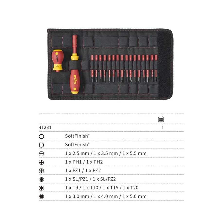 WIHA 10/19 PCS Insulated Screwdriver Set with Multi Size Bits and Folding Bag for Slotted Phillips Screws NO.41231/41232/41233