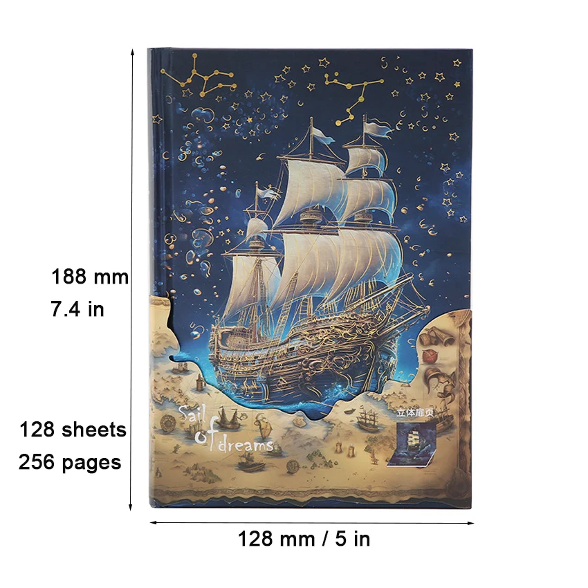 Sail of Dreams, hardcover notebook full-color illustrations inner pages ,  bronzing craft cover，Literary Diary