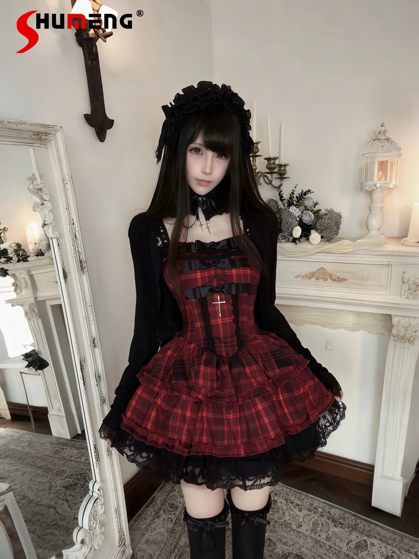 

Original Gothic Style Sweet Cool Girls Black Red Cross Sleeveless Dress Lace Spliced Bow Plaid Short Dress for Women Summer 2026