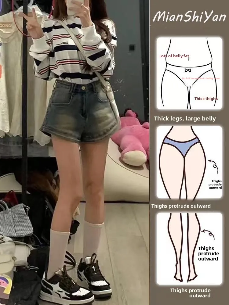 

Retro Elastic Denim Shorts Women's Winter plus Size Slim Fit High Waist Straight Leg A-Line Hot Pants Trendy Summer Shorts