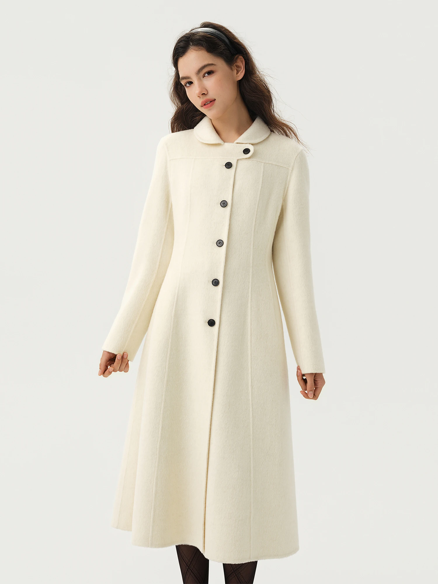 DUSHU 【Classic Silhouette Coat】Peter Pan Collar Waist-cinching Double-faced Wool Coat Retro Winter Wool Outerwear Mid Length