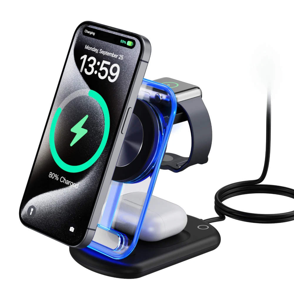

Foldable 3 in 1 Magnetic Wireless Charger Stand for iPhone 17 16 15 14 13 12 Apple Watch Airpods 4 Pro LED Fast Charging Station