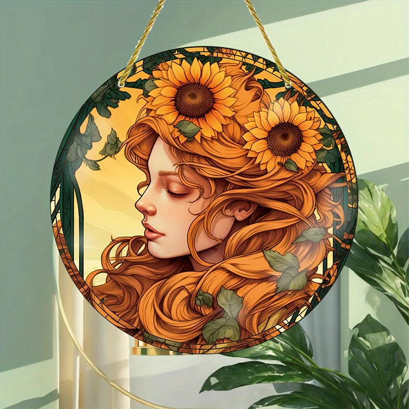 Double-sided Colorful Acrylic Sunflower Pendant, Round Window Sash Rope-Perfect for Christmas and Halloween Home Vintage Decor