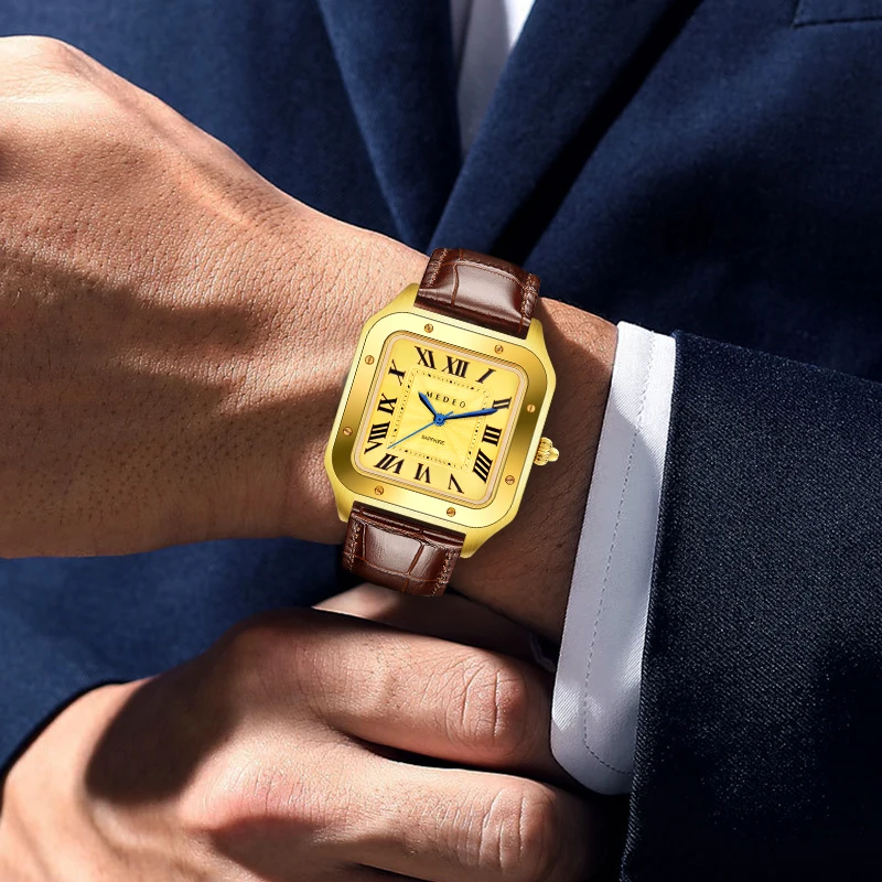 Orologio da amante in oro rettangolare in acciaio inossidabile di alta qualità, vetro zaffiro, diamante, tutto in oro, coppia, orologio da polso per uomo e donna