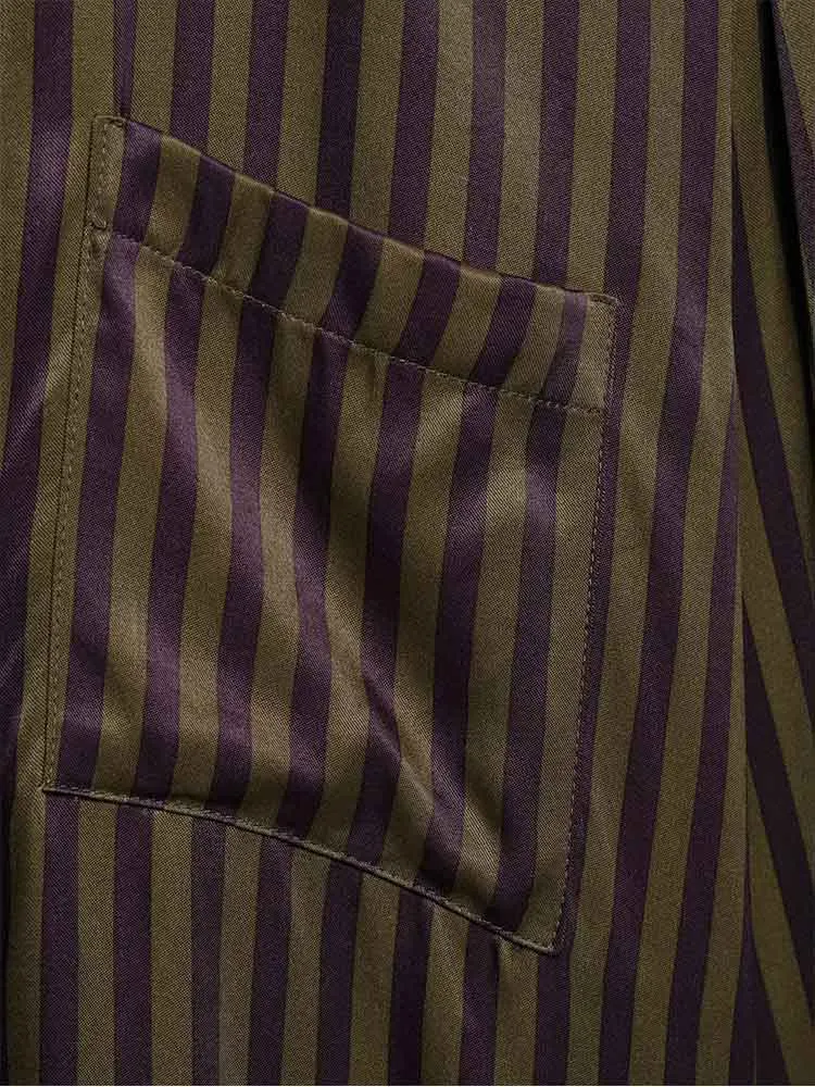 Estilo europeu nova moda feminina versátil simples textura de cetim manga comprida lapela camisa calças listradas terno