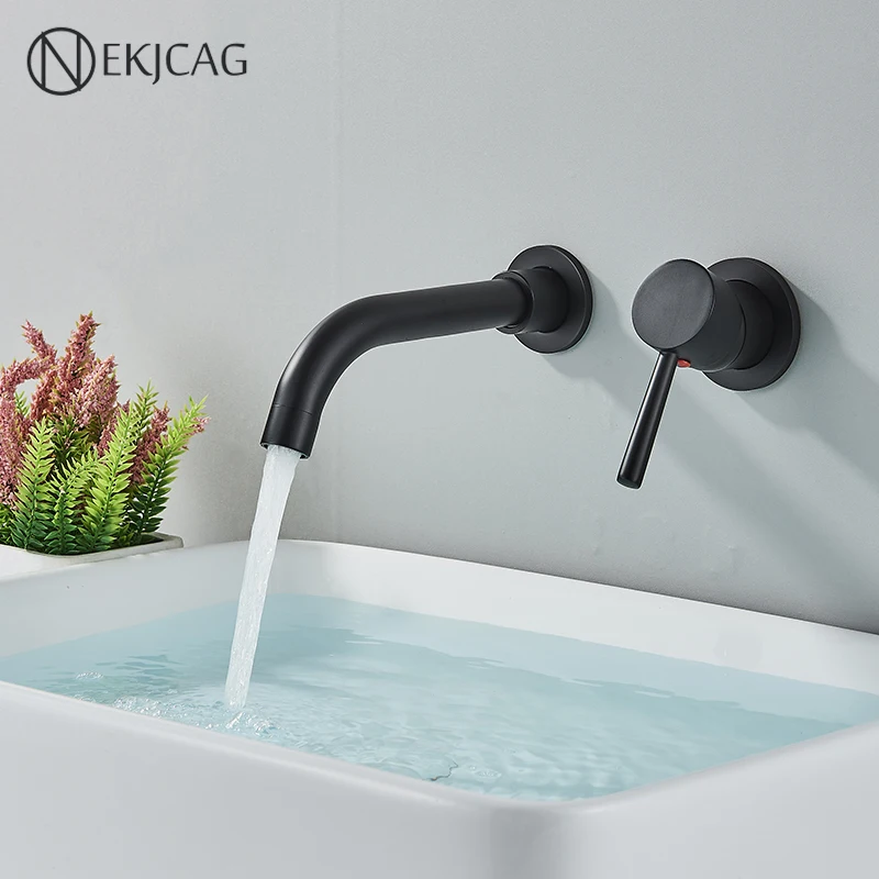 Wall Mounted Wash Basin Faucet Matte Black Bathroom Bathtub Mixer Cold And Hot Single Handle Chrome Tap Integrated