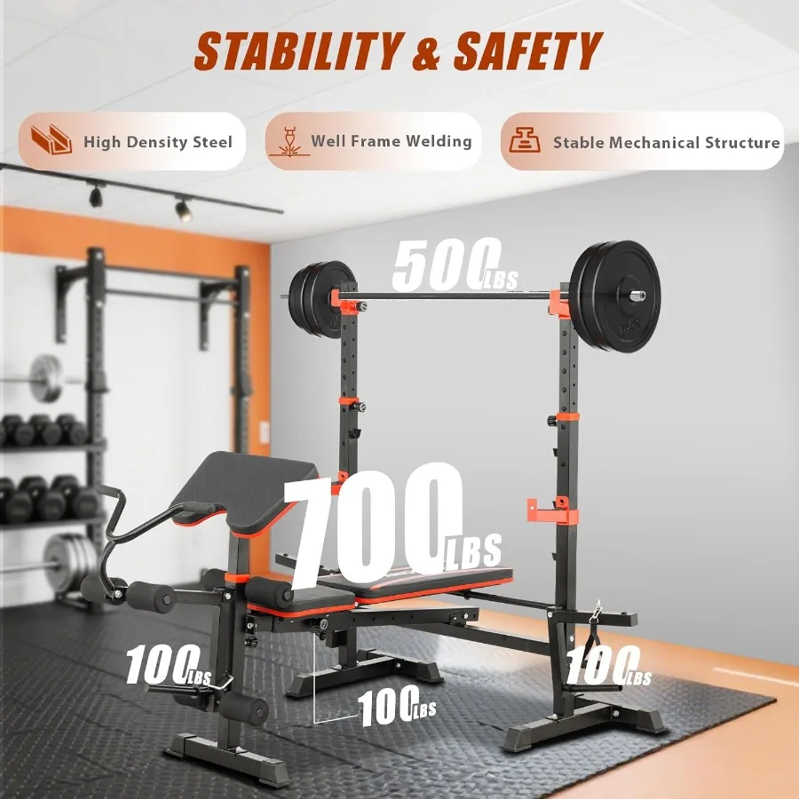 Banc de musculation 8 en 1 de 1500LB avec traction Lat et Extension de jambe/Curl, presse de banc pliable avec boucle et support de prédicateur, Ben d'entraînement