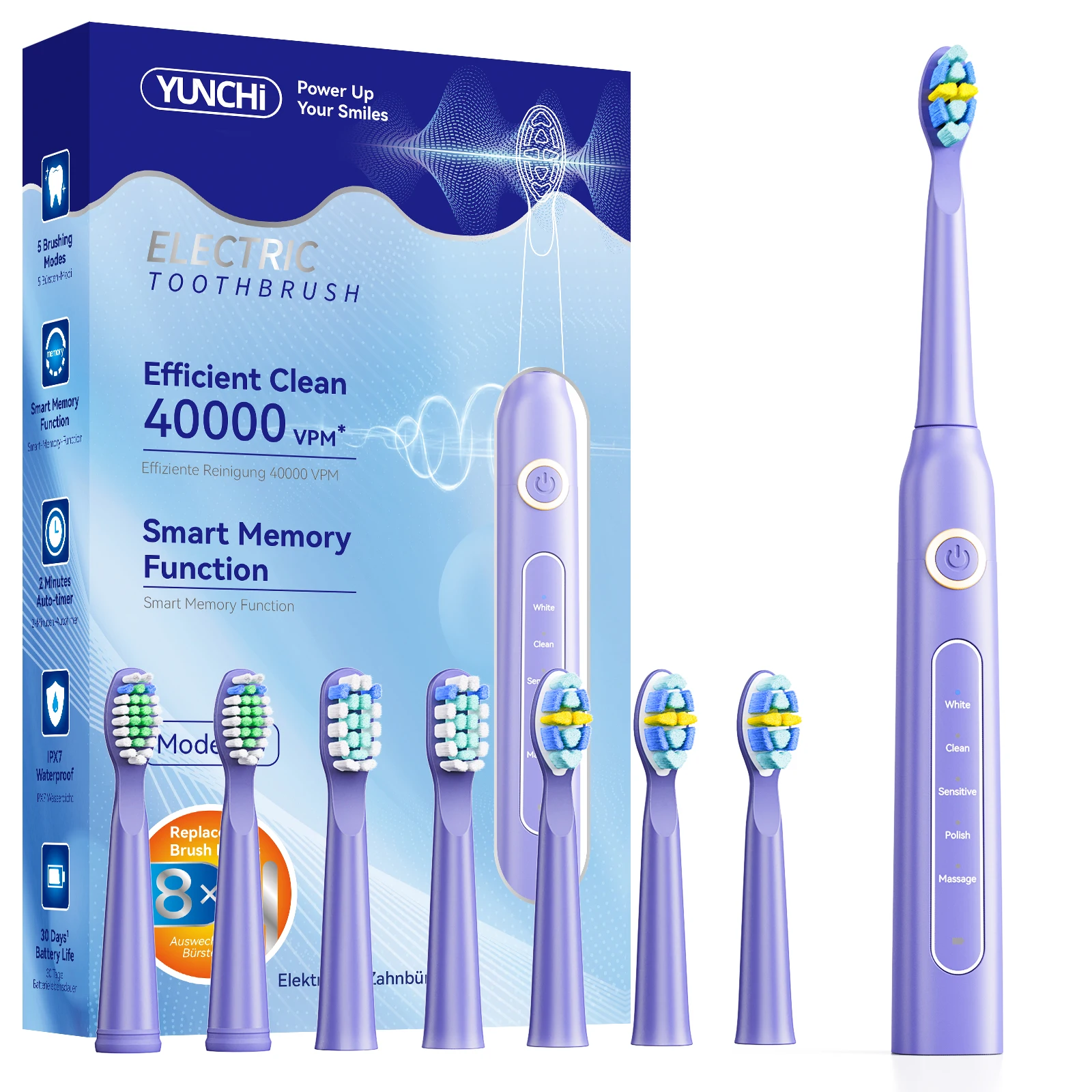 YUNCHi Sonic Electric Toothbrush USB Charger Tooth Cleaner 8 pcs Replacement Brush Heads 30 Days Long Battery Life 5 Modes Y5