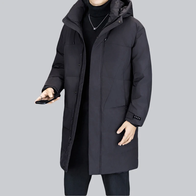 Luksusowa męska długa kurtka puchowa z kapturem na zimę 2025, ocieplana, wiatroodporna, casualowa, czarna, pogrubiona, wyściełana kurtka typu puffer.