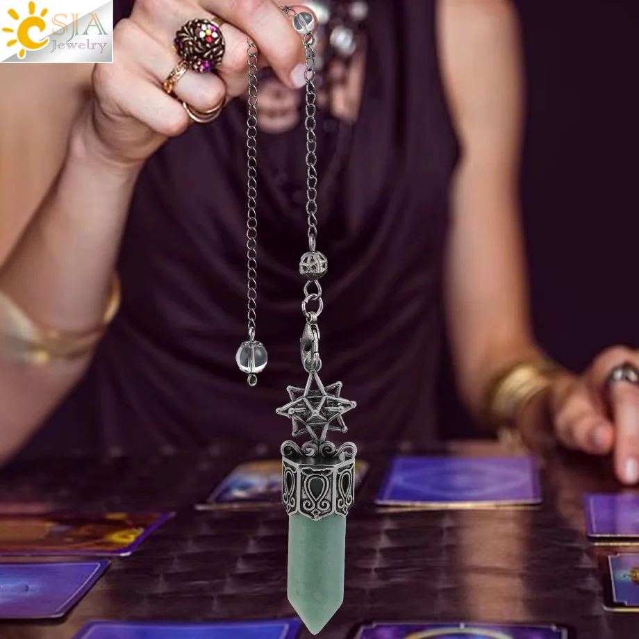 CSJA Natural Stone Pendant Crystal Pendulums Divination Clear Crystal Amethysts Tiger eye Pink Quartz Hexagram Pendulos H710
