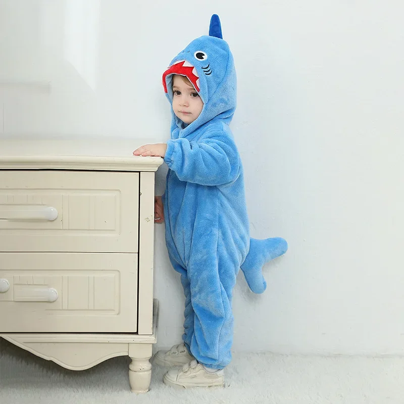 Kigurumis Shark Winter Baby Girls Clothes Romper Boys  Lovely Baby Onesie Bodysuit Cartoon Zipper Hooded Flannel Jumpsuits