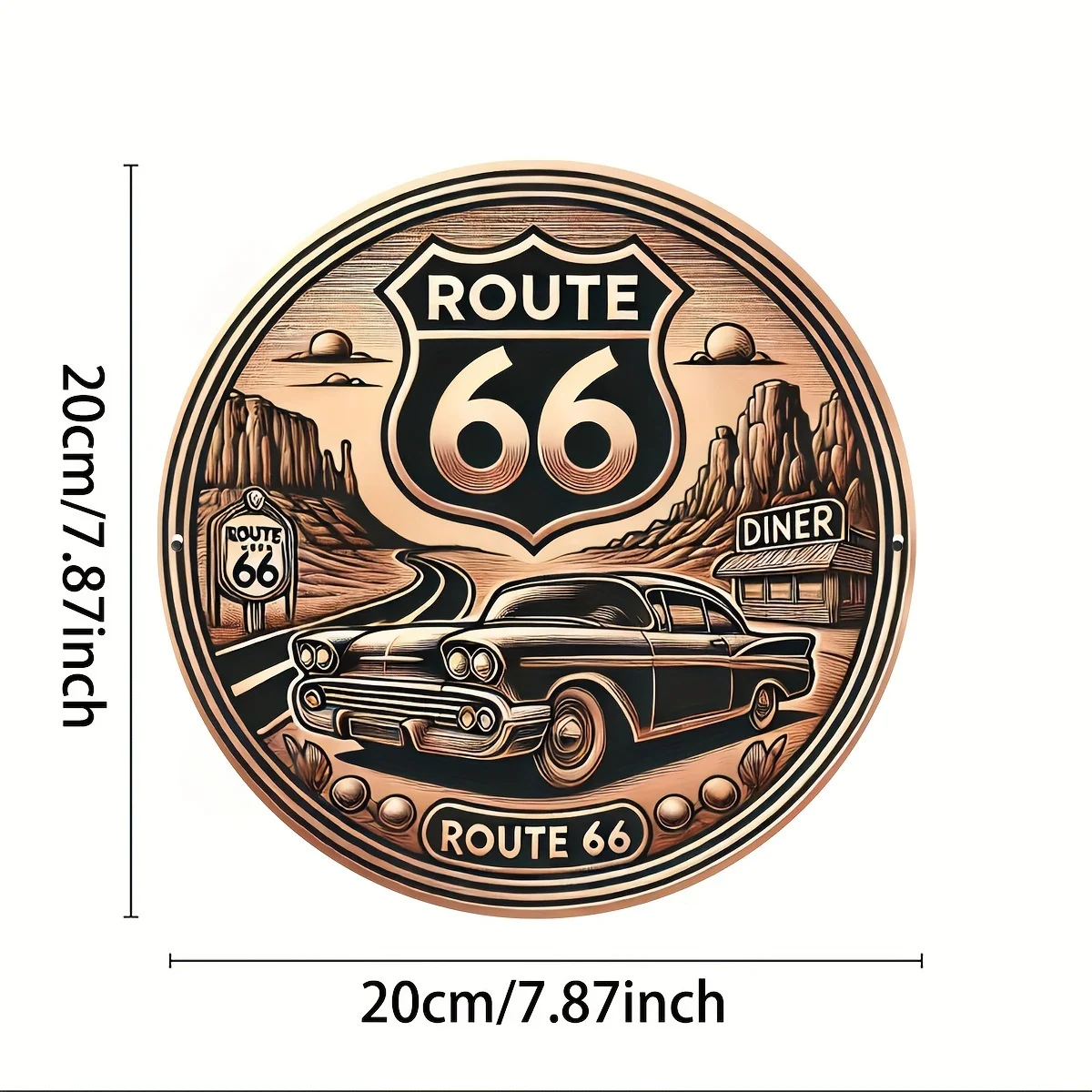 Round Copper Engraved Highway 66 Classic Vintage Car Diner Round Metal Sign 2D Flat Garage Man Cave Road Trip Decor Gift