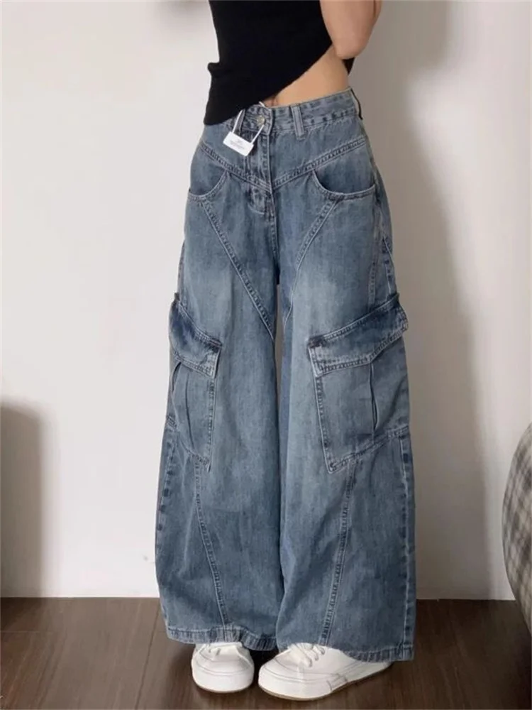 

Американские винтажные джинсы-карго для женщин, с высокой талией, свободные, широкие штанины, прямой крой, джинсы длиной в пол