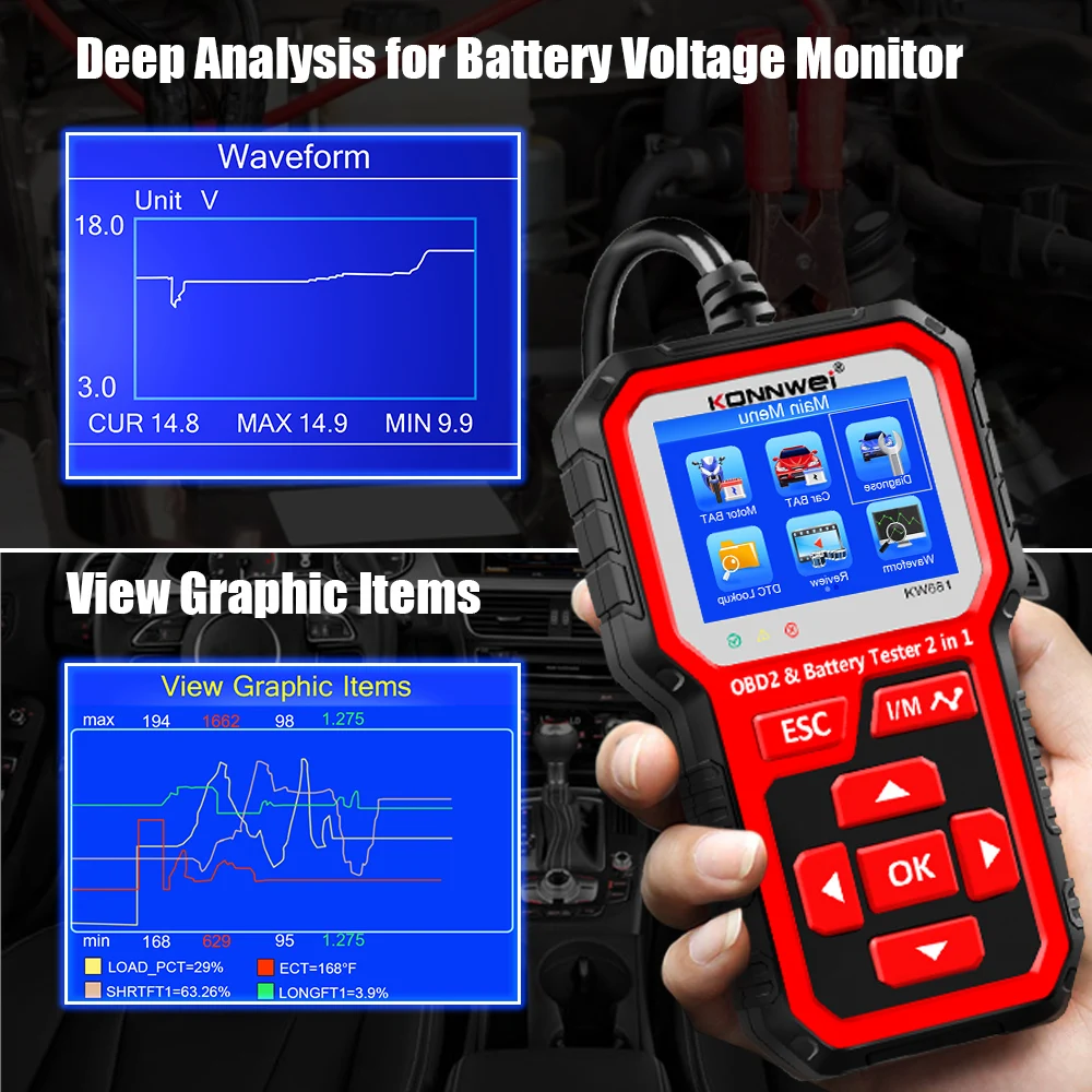 KONNWEI KW681 Automotive Battery Tester OBD2 Scanner For Car Motorcycle 6v/12v Car Diagnostics Maintain Car Battery Analyzer