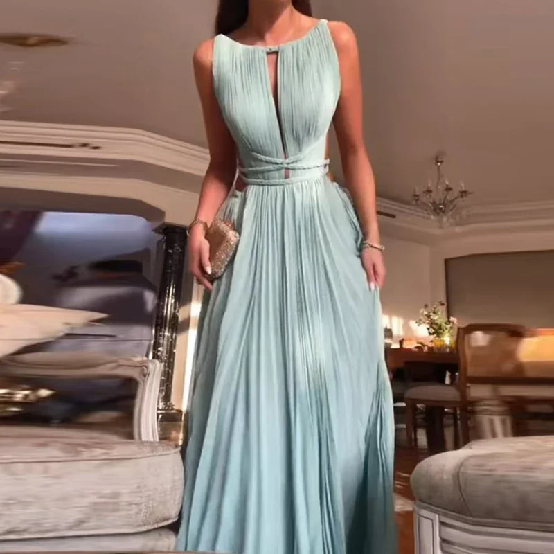 女性用プリーツロングドレス,ラウンドネック,ハイウエスト,ノースリーブ,ホルター,透かし彫り,ビーチ,モノクロ,パーティー,春,夏