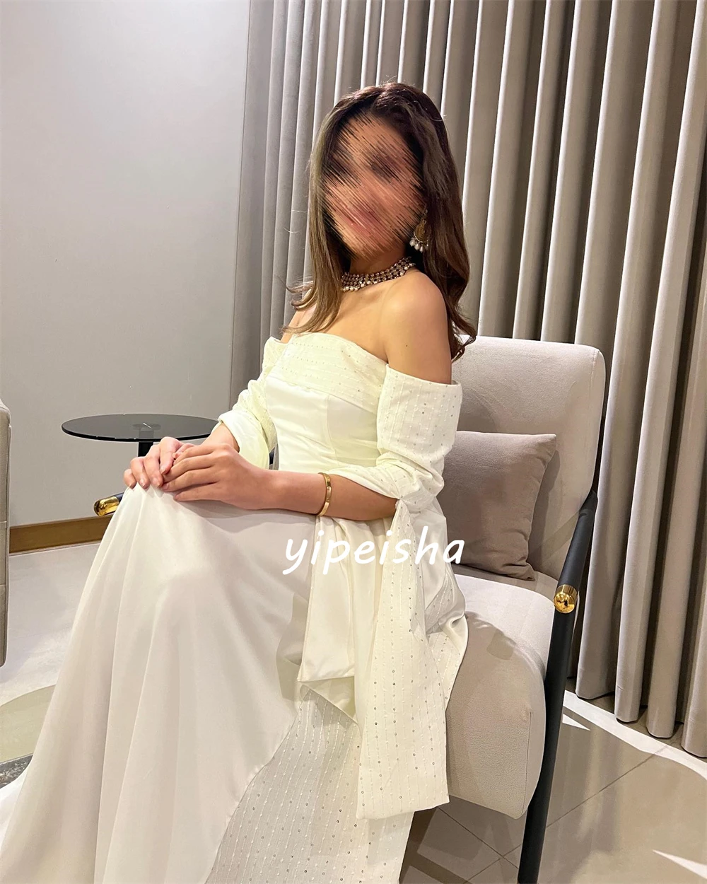 Customized Jersey Sequined Cocktail Party A-line Off-the-shoulder Bespoke Occasion Gown Long Dresses