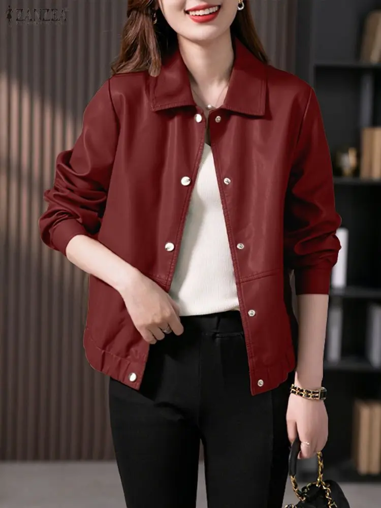 

2025 ZANZEA Autumn PU Leather Jackets Women Coats Stylish Long Sleeve Slim Fit Office Outwears Lapel Neck Buttons Down Jackets