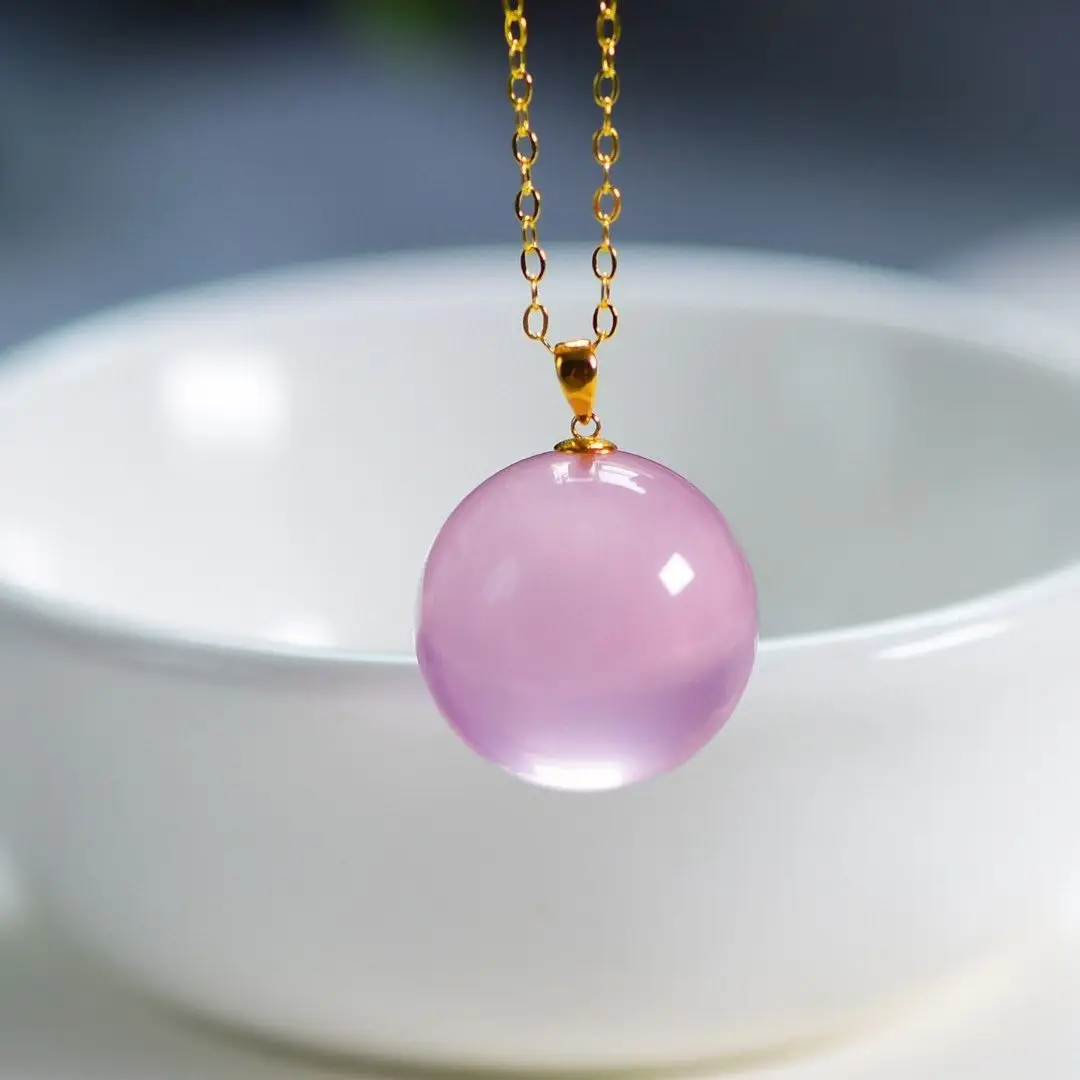 

Cetificate 18k Gold 15MM Natural Mozambique Rose Quartz Lucky Bead Pendant Necklace With 925 Chain AU750 Pink Crystal Jewelry