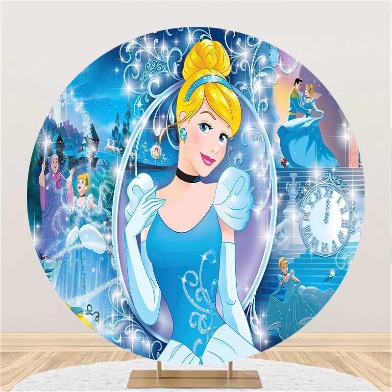 Princess Blue Dress Cinderella Castle Theme Girls 1st Birthday Background Deco Disney Round Circle Magic Party Backdrop