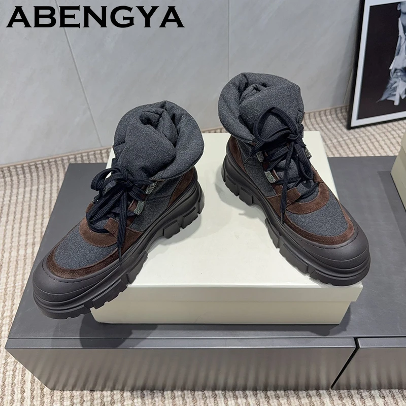 2025 Winter Thick Sole Lace Up Short Boots For Women Suede Leather Patchwork Warm Snow Boots Fashion Platform Ankle Botas Mujer