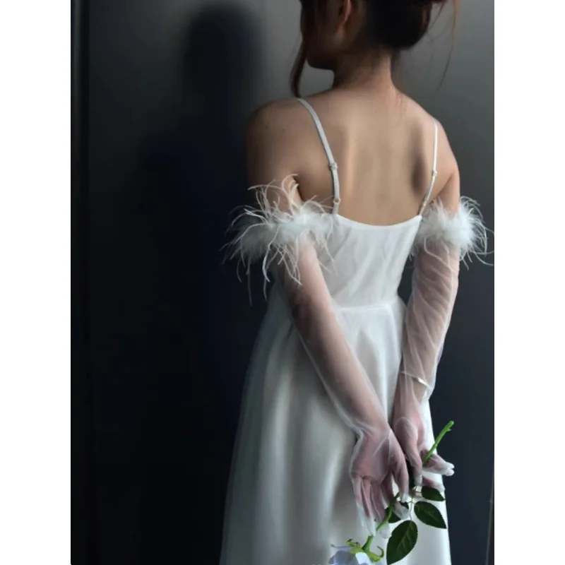 Mesh feather gloves long bridal wedding dress accessories studio photo photo photography props white and black sleeves