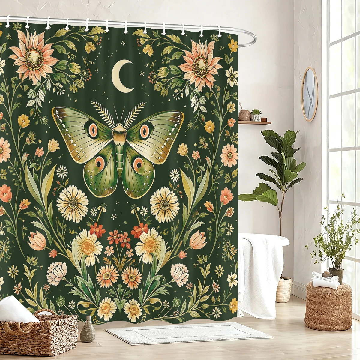Bohemian Floral & Moth Pattern Polyester Bathtub Curtain - Artistic Bathroom Decor, Stylish Shower Partition for Home