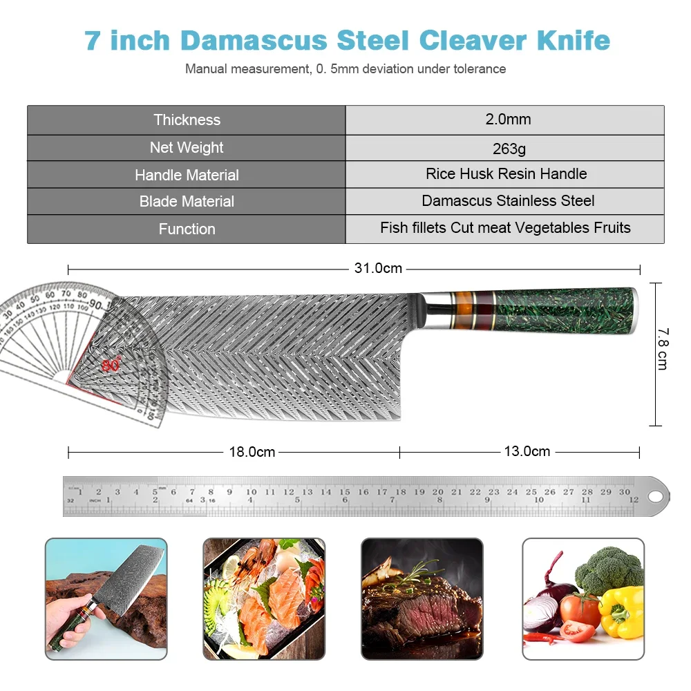 XITUO Japanese 7 Inch Cleaver Knife, Damascus Steel Sharp Kitchen Knife,Butcher Knife for Chopping Meat, Rice Husk Resin Handle