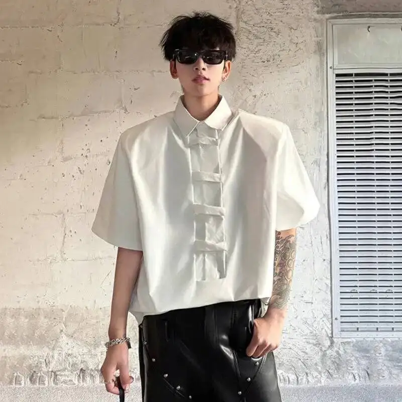 Tie Design Men's Shirts Contrast Color Short Sleeve Patchwork Turn-down Collar Shoulder Padded Loose Male Tops New 9WMVKH