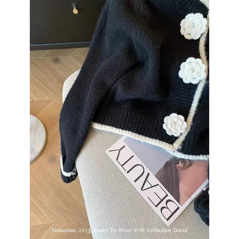 Women Black Clothing Cardigan Knitting Sweater Long Sleeve Round Neck Casual Fashion Coat Female Flower Design Autumn Winter Top