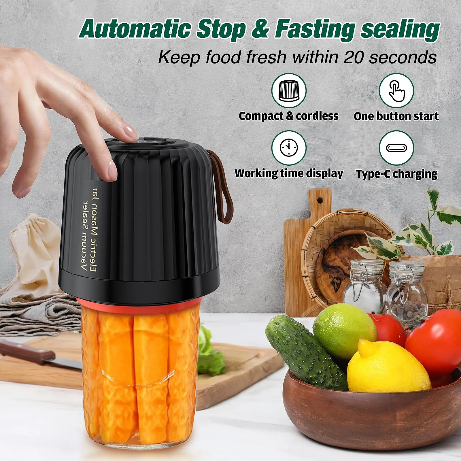 

4-in-1 Electric Mason Jar Vacuum Sealer Machine Rechargeable Automatic Food Preservation Kit for Jars Bottles Bags Sealing Tool