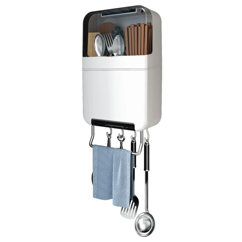 Wall Mount No Drill Chopstick Basket with Lid, Dust-proof Kitchen Utensil Storage Holder for Spoons & Chopsticks