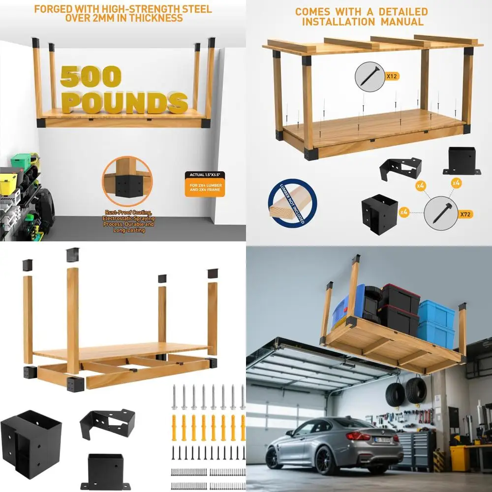 

Durable Ceiling Mounted Garage Storage Rack for 1.5x3.5 Lumber, 500 lbs Load, Easy Assembly, Black Metal Brackets