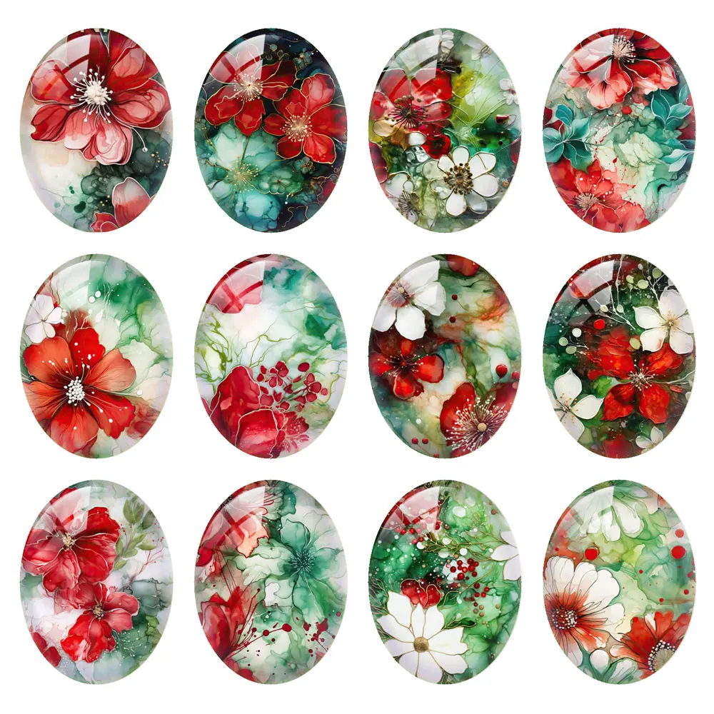 

10 шт./лот, Рождество, зима, красный цветок, зеленый лист, акварель, овальная фотография, стеклянный кабошон с плоской задней частью, демонстрационная камея, изготовление ювелирных изделий своими руками