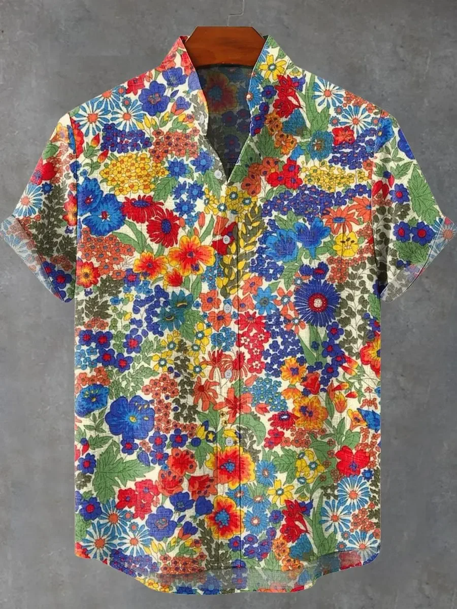 New Men's Short Sleeved Shirt with Retro Ethnic Pattern, Flower Color, Artistic Printing, Casual Short Sleeved Shirt