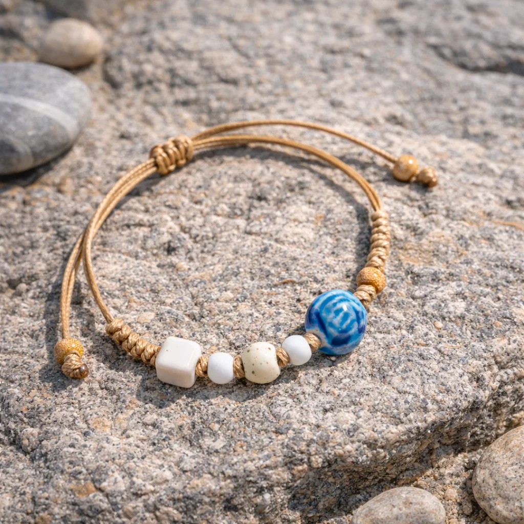 Minimalist Blue Rose Ceramic Bracelet for Women Handmade Adjustable Cord Lightweight S03-256