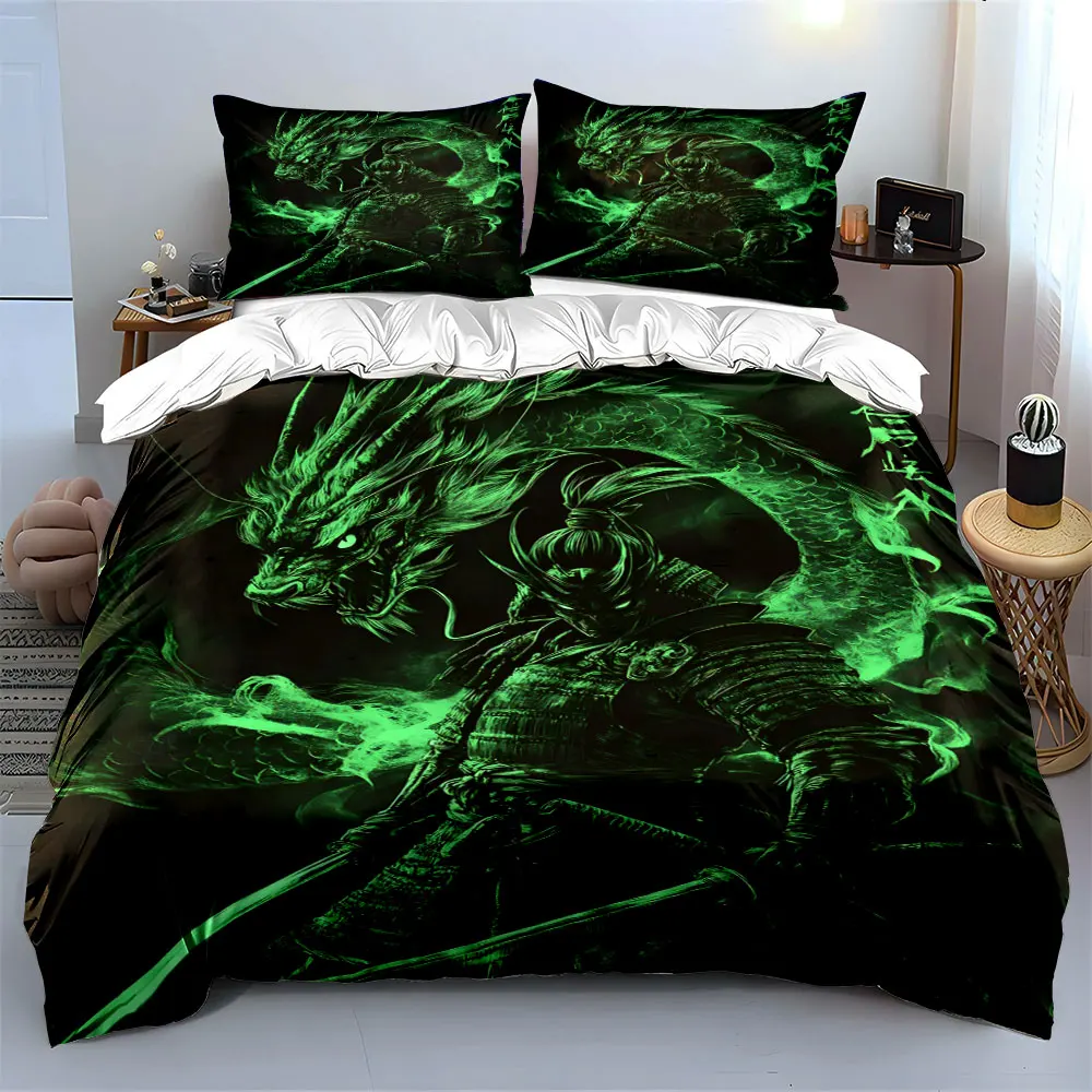 3pcs Samurai with green dragon power Print Soft Comfortable Duvet Cover Bedding Set Included 1*Duvet Cover  2*Pillowcases