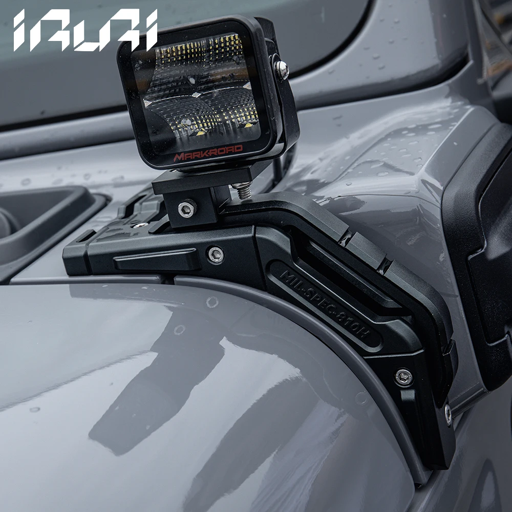 IRURI hood/A-Pillar Aluminum Alloy LED Spotlight Bracket, Off-Road Driving Light Mount, Fits Jeep Wrangler JL/JT/4xe