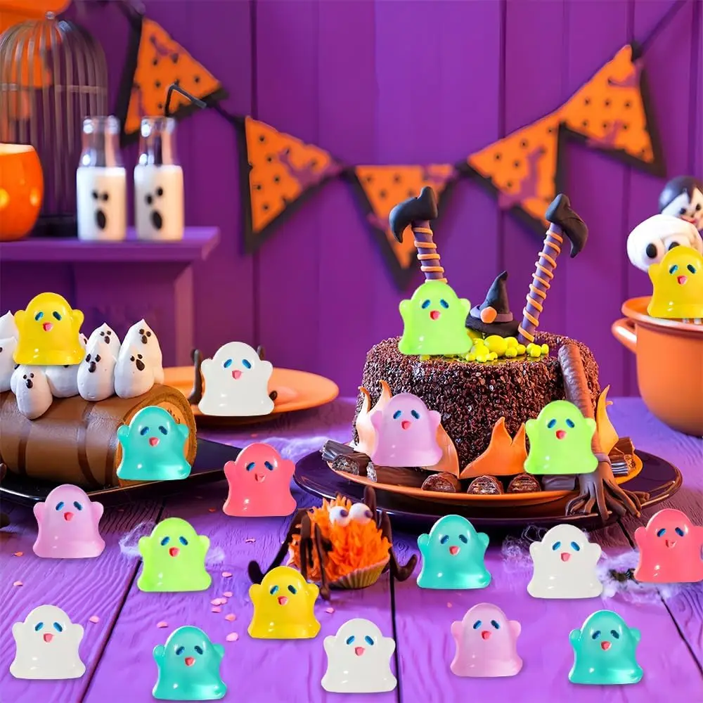 40 Stück leuchtende Mini-Geisterfiguren für Halloween, mehrfarbige leuchtende Geister, die im Dunkeln leuchten, Miniatur-Geisterstatue aus Kunstharz für Partys – Detail 7