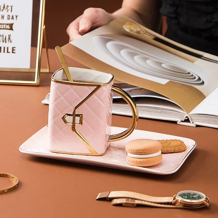 Creative Bag Shaped Coffee Mug Dessert Plate Net Red Tracing Gold Coffee Cup and Plate Set Milk Tea Cup Home Decoration Gifts
