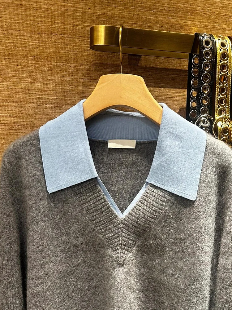 V-Ne Knitted Sweater Fake Two-Piece Casual Sle Soft Fabric Long Sve Women's Top for Autumn Season Chinese Manufacturer